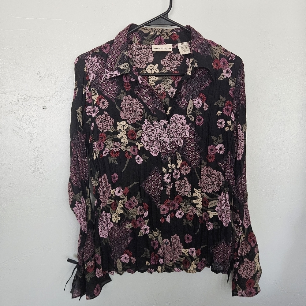 Apostrophe Vintage Y2K Women's PM Petite Medium Black Pink Floral Blouse Button